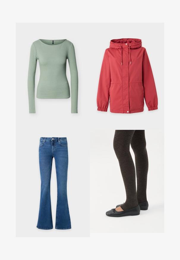 Veste rouge à capuche avec fermeture éclair à l’avant, bouton-pression, cordon de serrage à la capuche, poignets élastiques et poches latérales sur un fond uni.; Haut ajusté à manches longues côtelé de couleur vert clair avec un col rond, présenté sur un fond blanc uni.; Jean en denim bleu avec jambes évasées, fermeture à bouton et zip devant, et poches avant et arrière sur un fond uni.; Jambes portant des leggings côtelés foncés associés à des ballerines noires avec de petits détails en nœud sur fond blanc.