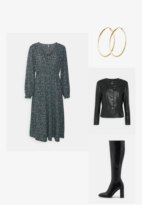 ONLY Petite ONLSARA JACKET - Imiteret læderjakke - black; Blomsterkjole med lange pufærmer, rund halsudskæring, plisseret nederdel, med sort baggrund og blå og hvide blomster. Letvægtsstof.; Knæhøje sorte læderstøvler med spids tå og kraftig hæl. Glat tekstur med minimale detaljer og et tætsiddende skaftdesign.; Guld hoops øreringe med et glat, rundt design og en blank finish. Letvægts konstruktion med en sikker låsemekanisme.