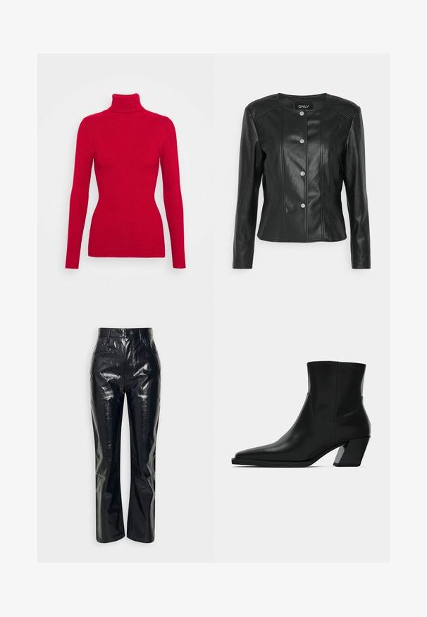 ONLY Petite ONLSARA JACKET - Bunda z nepravej kože - black; Červený rebrovaný rolák s dlhými rukávmi, textúrovaná tkanina, priliehavý strih a vysoký golier. Žiadne viditeľné ozdoby.; Abercrombie & Fitch CLASSIC PATENT 90S STRAIGHT - Nohavice - approved black; Čierna kožená členková topánka s špicatou špičkou, elegantným siluetou a masívnym štvorecovým podpätkom. Hladký povrch s minimálnymi švovými detailmi.
