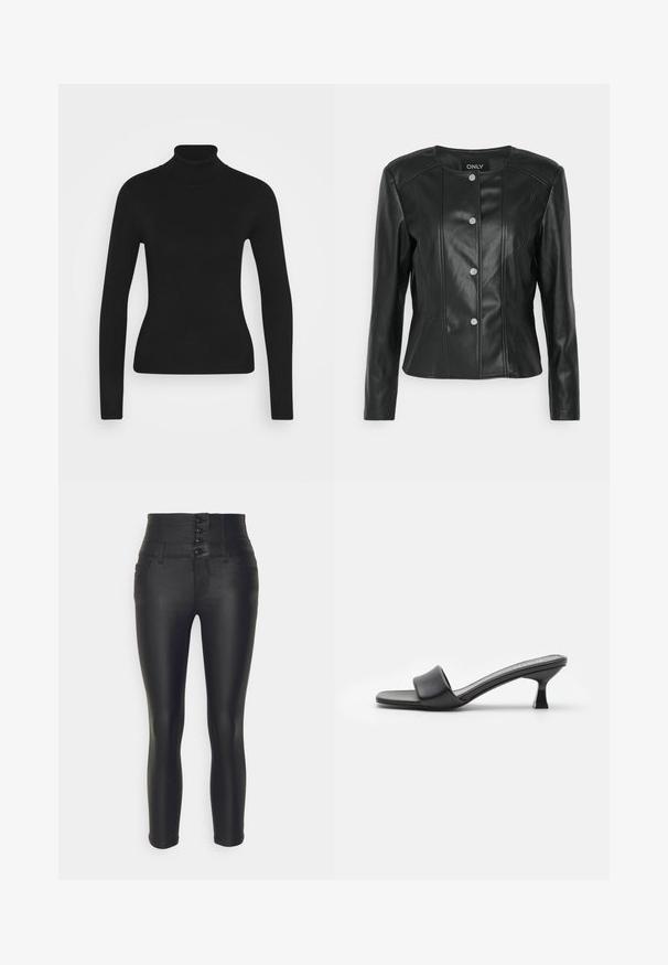 ONLY Petite ONLSARA JACKET - Bunda z nepravej kože - black; Čierny svetrový rolák s dlhými rukávmi, vyrobený z hladkej pleteniny. Má priliehavý strih a rebrovaný golier.; ONLY Petite ONLCORAL - Nohavice - black; Čierne vyššie muly so hladkým matným koženým zvrškom, otvorenou špičkou, širokým remienkom cez nártok a štíhlym štvorcovým opätkom.