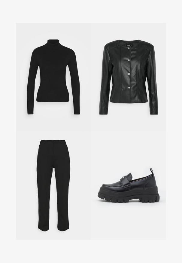 ONLY Petite ONLSARA JACKET - Bunda z nepravej kože - black; Čierny svetrový rolák s dlhými rukávmi, vyrobený z hladkej pleteniny. Má priliehavý strih a rebrovaný golier.; Čierne nohavice na mieru so rovný strihom, vyrobené z hladkej látky. Obsahujú pútka na opasok a čistý pás bez viditeľných vreciek.; Čierny kožený mokasín s hrubou ryhovanou podrážkou, švy typu mok toe, detail popruhu na vrchu a pruh na päte, zobrazený z profilu.