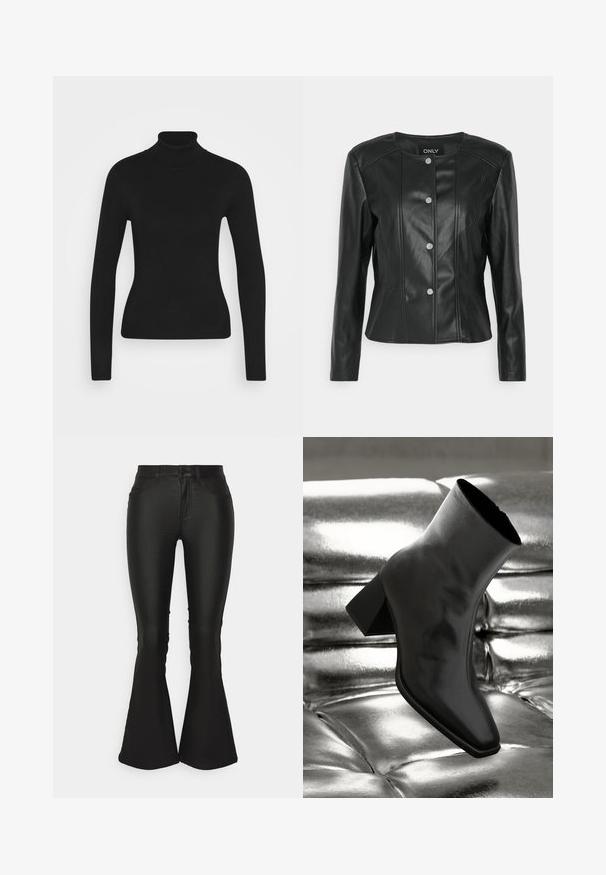 ONLY Petite ONLSARA JACKET - Imiteret læderjakke - black; Sort turtleneck sweater med lange ærmer, lavet af et glat strikket stof. Har et tætsiddende design og en ribbet krave.; ONLY Petite ONLBLUSH FLARED - Bukser - black; Sorte ankelstøvler lavet af glossy materiale med firkantet tå og spidse hæle, sat mod en skinnende sølv tuftet baggrund.