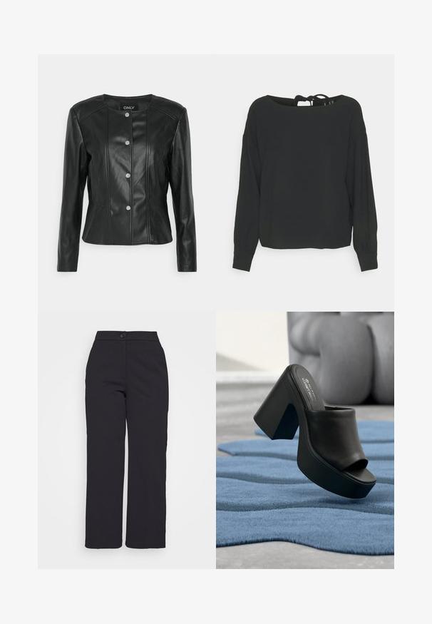 ONLY Petite ONLSARA JACKET - Bunda z nepravej kože - black; Vero Moda Petite VMINGE O NECK - Blúzka - black; Čierne nohavice so širokými nohavicami vyrobené z hladkej látky, s gombíkovým zapínaním a s čistým, upraveným dizajnom bez viditeľných vreciek.; Čierna platformová vysoká podpätková otvorená mule topánka ležiaca na modrom textúrovanom koberci s rozmazaným sivým nábytkom v pozadí.