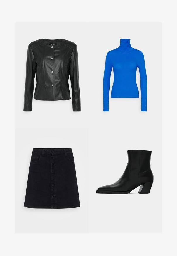 ONLY Petite ONLSARA JACKET - Μπουφάν από συνθετικό δέρμα - black; Pieces Petite PCKITTE ROLLNECK - Μπλούζα με μακριά μανίκια - princess blue; Μαύρη τζιν φούστα με ίσια γραμμή, που διαθέτει κουμπί μπροστά, δύο πλαϊνές τσέπες και λεία υφή.; Μαύρη δερμάτινη μπότες έως τον αστράγαλο με κοφτή μύτη, κομψή σιλουέτα και χοντρό τετράγωνο τακούνι. Λείος υφασμάτινος χαρακτήρας με ελάχιστες ραφές.
