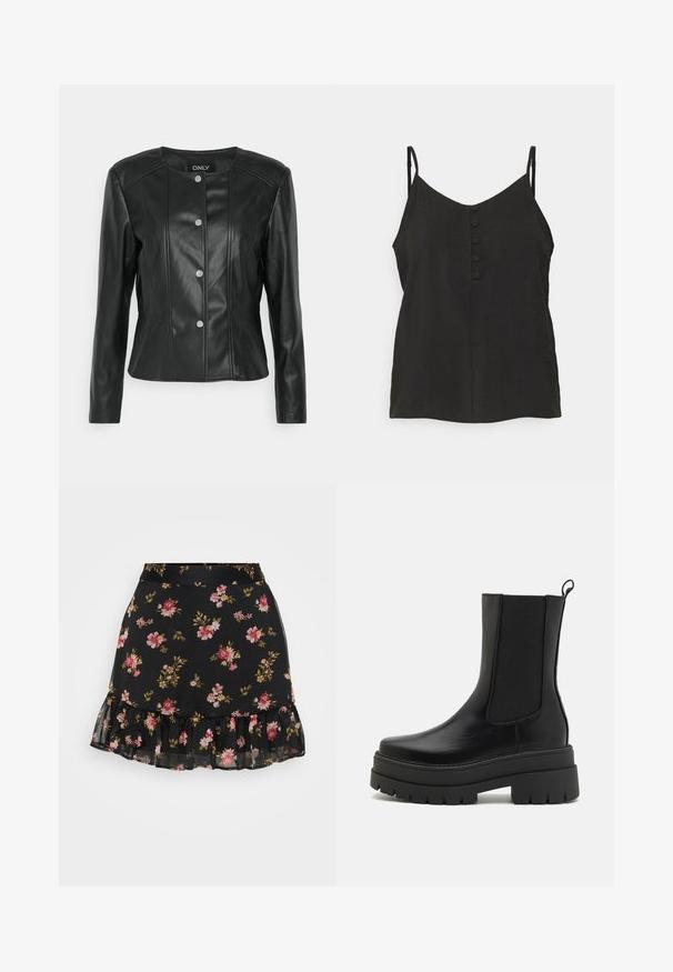 ONLY Petite ONLSARA JACKET - Μπουφάν από συνθετικό δέρμα - black; Vero Moda Petite VMQUEENY SINGLET V NECK - Μπλούζα - black; Μαύρη φλοράλ φούστα με ραμμένο στρίφωμα. Διαθέτει σχέδιο με ροζ και κίτρινες λουλούδια σε διάφανη ύφανση. Ελαφριά και εφαρμοστή σχεδίαση.; Simmi London FINLAY - Μποτάκια πλατφόρμα - black