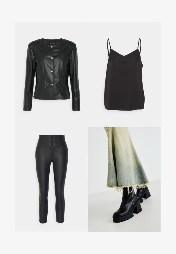 ONLY Petite ONLSARA JACKET - Kunstlederjacke - black; Schwarzes Top mit Spitze am Ausschnitt, ausgestattet mit verstellbaren Spaghetti-Trägern und einer glatten Satin-Textur. Drei Knöpfe an der Vorderseite.; ONLY Petite ONLCORAL - Stoffhose - black; Schwarze Leder-Ankle-Boots mit einer groben strukturierten Sohle, kombiniert mit einem verwaschenen Jeansrock mit fransigen Kanten. Reißverschlussdetail an der Seite.
