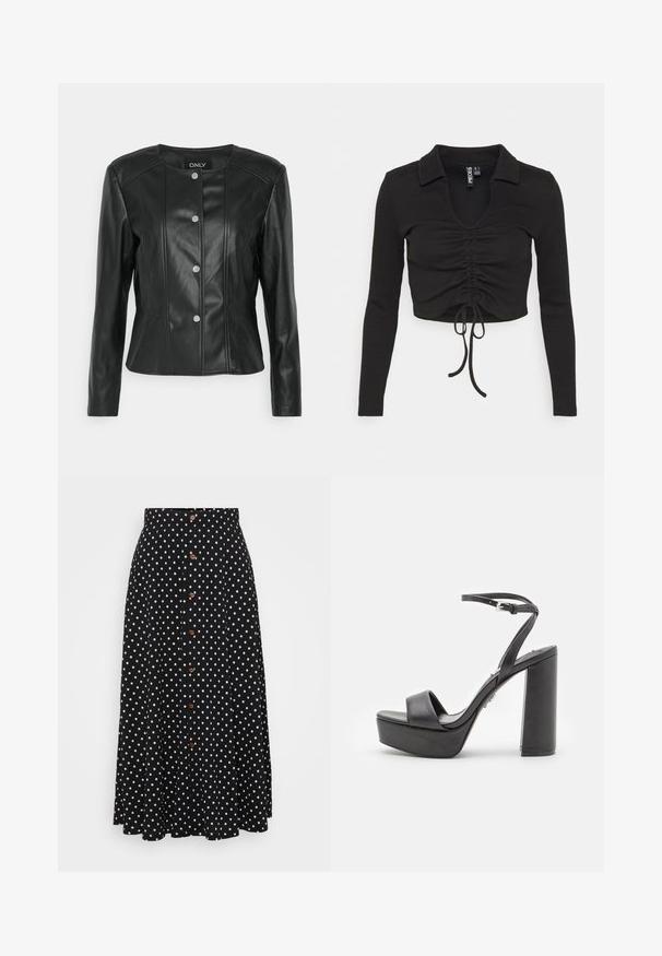 ONLY Petite ONLSARA JACKET - Kunstnahast jakk - black; Pieces Petite PCTEGAN - Pikkade varrukatega topp - black; Mustade täppidega seelik, kõrge vöökoht, nööpide eesmine kinnitamine, põlve pikkus, valmistatud sileda tekstuuriga ja peene langevusega kangast.; Mustad platvormiga kõrge kontsaga sandaalid, avatud varbaga, laia esiosa rihmaga ja reguleeritava pahkluu rihmaga. Sile nahkviimistlus ja jäme plokk-konts.