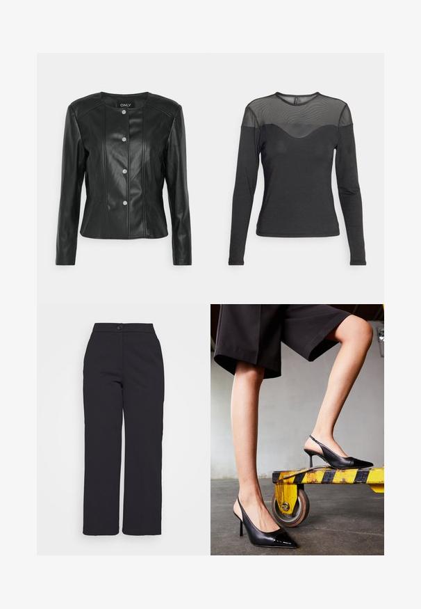 ONLY Petite ONLSARA JACKET - Chaqueta de cuero sintético - black; Vero Moda Petite VMKATE CONTRAST - Camiseta de manga larga - black; Pantalones de pierna ancha negros, confeccionados en una tela suave, con cierre de botón y un diseño limpio y ajustado, sin bolsillos visibles.; Zapatos de tacón negro tipo slingback con puntera afilada, que presentan una tapa de charol brillante. Tacón stiletto, diseño de cuero liso y una silueta minimalista.