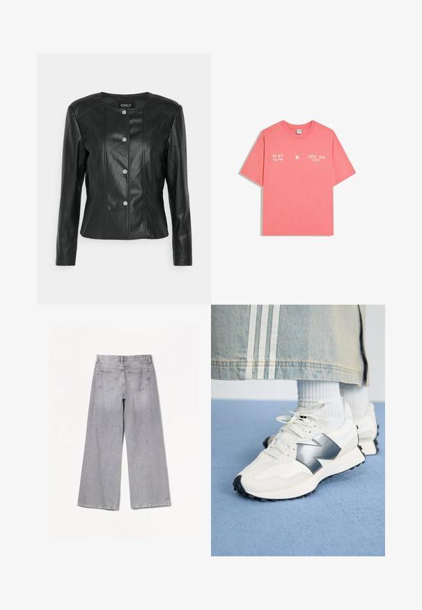 ONLY Petite ONLSARA JACKET - Kunstlederjacke - black; Korallenrosafarbenes T-Shirt mit kurzen Ärmeln und weißem Text "THE BEST ATTITUDE" und "CREATE YOUR STORY", getrennt durch ein kleines Sternsymbol.; Graue weite Jeans mit hoher Taille, ausgestattet mit einer glatten Textur, zwei Gesäßtaschen und dezenten Nähten.; Weiße Sportsneaker mit silbernem Akzent, strukturiertem Stoff und glattem Leder; mit einer schwarzen Gummisohle und Schnürsenkeln.