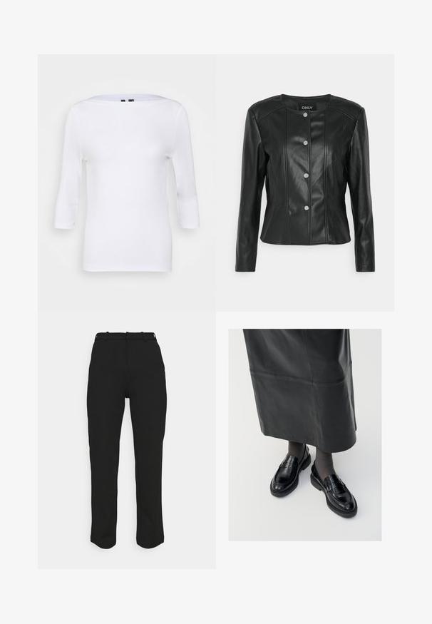 ONLY Petite ONLSARA JACKET - Chaqueta de cuero sintético - black; Blusa blanca de manga larga con escote barco y forma ajustada. Fabricada con una tela suave de textura ligera. Sin patrones ni acentos visibles.; Pantalones negros ajustados con un corte recto, confeccionados en una tela suave. Presentan trabillas para cinturón y una cintura limpia sin bolsillos visibles.; Mocasines de cuero negro con un acabado suave, que presentan una tira decorativa, puntera redonda y suela texturizada. Llevados con una falda larga de cuero negro.