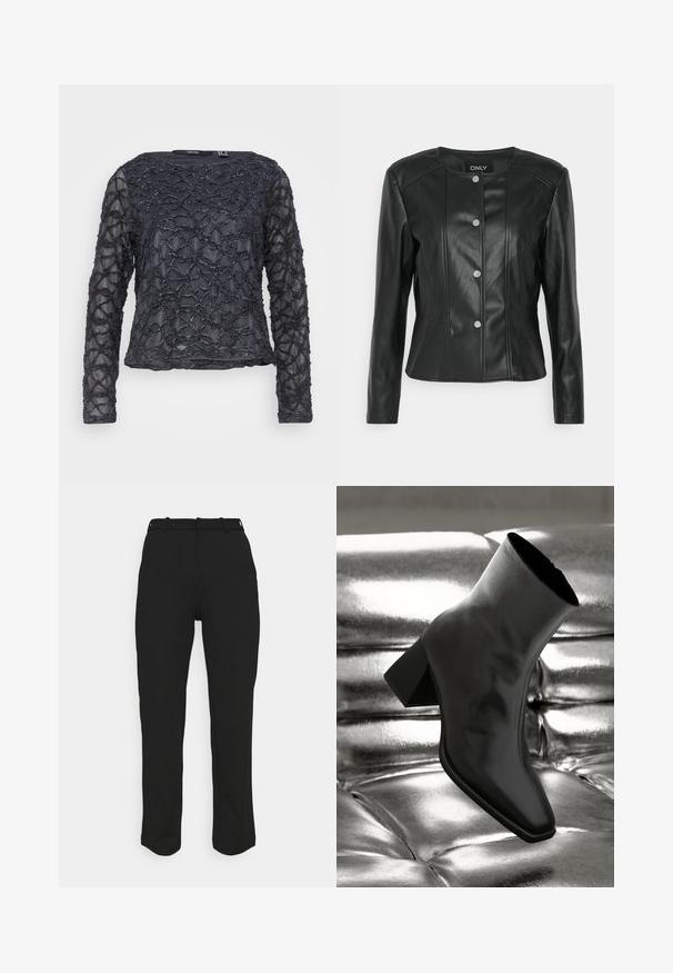 ONLY Petite ONLSARA JACKET - Chaqueta de cuero sintético - black; Top negro de mangas largas con patrón de cuentas texturadas y onduladas. Tejido transparente con escote redondo. Ajuste y longitud regular.; Pantalones negros ajustados con un corte recto, confeccionados en una tela suave. Presentan trabillas para cinturón y una cintura limpia sin bolsillos visibles.; Botín negro de tobillo hecho de material brillante, con punta cuadrada y tacón cónico, contra un fondo plateado brillante con almohadillado.