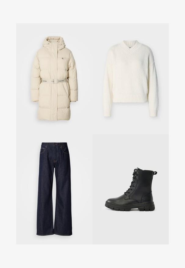 Doudoune beige clair avec un col haut, une capuche ajustable et une taille ceinturée. Elle présente une texture matelassée et un logo discret sur la poitrine.; Pull tricoté de couleur crème avec manches longues, poignets et ourlet côtelés, et col en V.; Jean en denim noir à jambes larges et taille haute, avec poches avant et détails de couture subtils. Texture lisse avec une coupe classique.; Bottes en cuir noir à lacets avec un bout rond, une semelle en caoutchouc robuste et une languette à l'arrière. Caractéristiques : œillets métalliques et détails de coutures.