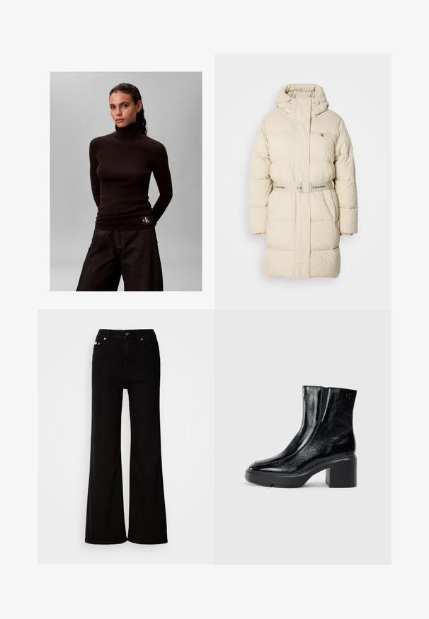 Doudoune beige clair avec un col haut, une capuche ajustable et une taille ceinturée. Elle présente une texture matelassée et un logo discret sur la poitrine.; Femme aux cheveux foncés portant un pull à col roulé côtelé noir et un pantalon large et foncé sur un fond gris uni.; Jean flare en denim noir avec taille haute, dotée d'une fermeture éclair et d'un bouton, poches latérales et accents métalliques subtils.; Bottines en cuir verni noir avec un bout arrondi, des panneaux latéraux en élastique et un talon épais. Comprend un logo embossé à l'arrière.
