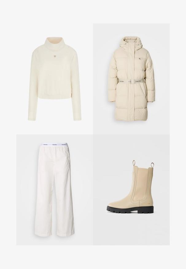 Lichtbeige pufferjas met een hoge kraag, verstelbare capuchon en een ceintuur in de taille. Heeft een gewatteerde textuur en een discreet logo op de borst.; Guess Sweater - crema; Witte wijde broek met een elastische tailleband met een contrasterend Calvin Klein-logo. Gemaakt van gladde stof, bieden ze een ontspannen fit.; Beige leren Chelsea boot met zwarte lug sole, elastische zijkanten, aantrek lussen en subtiele gouden branding op de hiel.