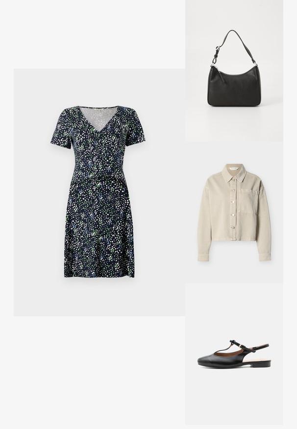 Beige cropped denimjakke med sølvfarvede trykknapper, en spids krave, lange ærmer og en enkelt brystlomme på venstre side.; Kjole med korte ærmer i marineblå med et flerfarvet prikmønster. Har V-hals og tætsiddende talje, lavet af letvægtsstof.; Sort læder flad slingback-sko med T-rem og guldlås på neutral baggrund.; Sort læderhåndtaske med en buet form, en enkelt rem, lynlås lukning og diskret branding på forsiden. Glat tekstur, minimalistisk design.