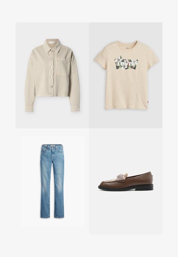 Beige kurze Jeansjacke mit silbernen Druckknöpfen, spitzem Kragen, langen Ärmeln und einer einzelnen Brusttasche auf der linken Seite.; Beige T-Shirt mit kurzen Ärmeln und floraler Grafik mit Magnolien sowie dem weißen Text "Levi's" auf schwarzem Hintergrund.; Hellblaue Jeans aus Denim mit geradem Bein, Knopfverschluss, fünf Taschen und ausgewaschenen Bereichen für einen abgetragenen Look. Sauber verarbeiteter Saum.; Brauner Lederschuh mit beigem Stoffpaneel mit Textdetails, schwarzer Sohle und niedrigem Absatz, seitlich auf weißem Hintergrund betrachtet.