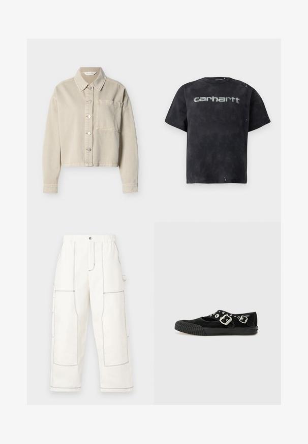 Beige cropped denimjakke med sølvfarvede trykknapper, en spids krave, lange ærmer og en enkelt brystlomme på venstre side.; Sort tie-dye T-shirt lavet af bomuld. Har korte ærmer, rund halsudskæring og en stor grå logo foran. Subtile slidte detaljer.; Hvide cargobukser lavet af robust materiale, med store lommer, kontrasterende sorte syninger, elastisk talje og afslappet pasform.; Vans MARY JANE - Ballerinasko - black