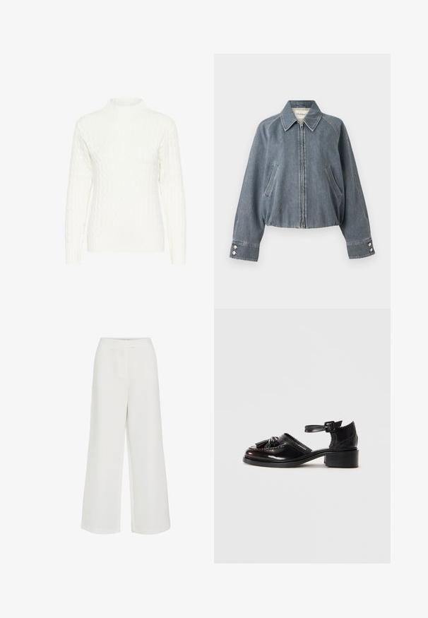 Veste courte en denim gris avec fermeture éclair devant, deux poches latérales inclinées, col pointu et poignets boutonnés.; Pull en maille torsadée blanche avec un col montant, des manches longues et un motif texturé. Le tissu semble doux et légèrement extensible.; Pantalon blanc à jambes larges avec taille haute et design minimaliste épuré, détail de couture avant, sans attaches ni poches visibles.; Chaussures en cuir noir avec un petit talon carré, ornées d'un gland décoratif, de bords festonnés et d'une bride de cheville ajustable.