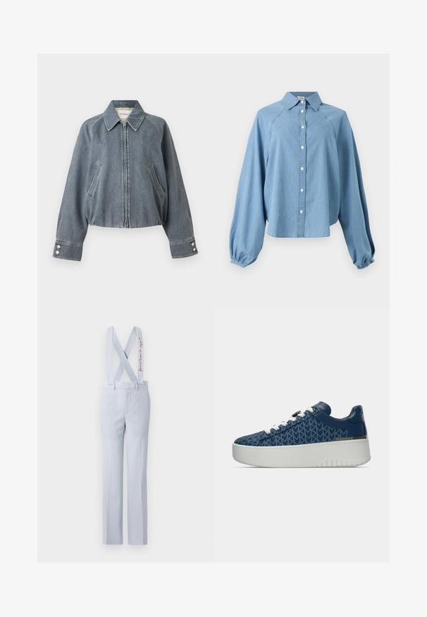 Graue kurze Jeansjacke mit Frontreißverschluss, zwei schrägen Seitentaschen, spitzem Kragen und geknöpften Ärmelbündchen.; Hellblaue Denimbluse mit langen Puffärmeln, Knopfleiste vorne und spitzem Kragen auf weißem Hintergrund.; Helle blaue Hose mit verstellbaren, X-förmigen Trägern, kombiniert mit einem knöpfbaren Bund und dezenten Stickereien. Glatte Stoffoberfläche.; Blaue Sneakers mit Diamantmuster, weißen Schnürsenkeln und dicker weißer Sohle. Metallischer Akzent an der Ferse. Hergestellt aus glattem, strukturiertem Material.