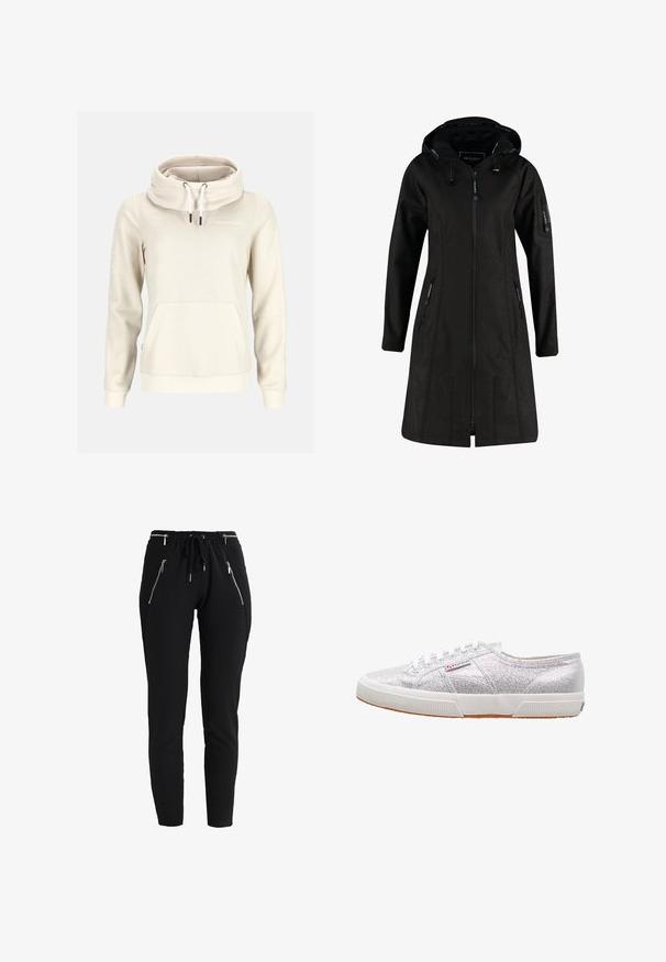 Zwarte waterdichte jas met een ritssluiting aan de voorkant, verstelbare capuchon en zijzakken. Beschikt over een gestructureerde afwerking en logodetails op de capuchon en mouw.; Beige hoodie met lange mouwen, hoge kraag, witte trekkoorden, een kangoeroezak aan de voorkant en klein "Swedemount" logo op de borst.; Zwarte slim-fit broek met elastische tailleband, trekkoord en vier zichtbare zilveren ritszakken aan de voorkant.; Zilveren glitter sneakers met een witte rubberen zool, voorzien van een ronde neus, vetersluiting en een logo-patch aan de zijkant.