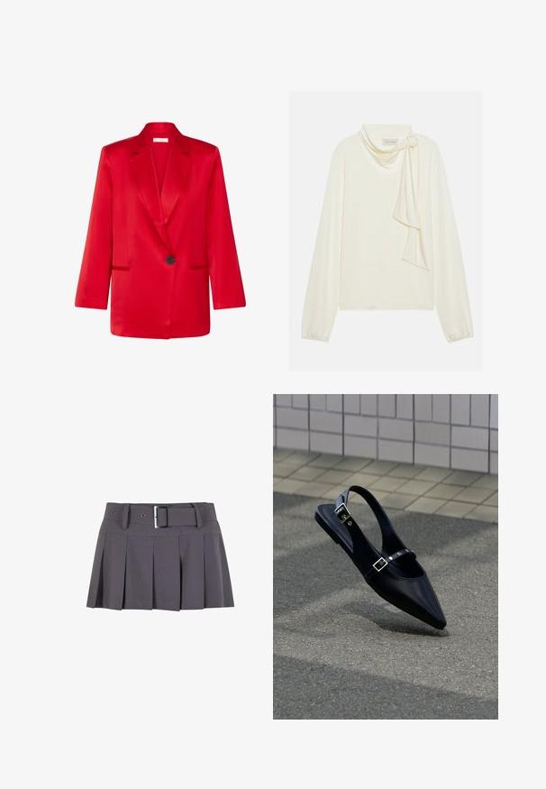 Rød satin blazer med et klapkrave, en enkelt sort knap og to frontlommer; struktureret, let oversized silhuet.; Cremefarvet langærmet top med V-hals og en knyttet tørklæde-detail på halsudskæringen. Glat tekstur med indsamlede ærmer.; Grå plisseret mini skirt med en glat tekstur, der har en bred taljeafsnit, bæltestropper og en rektangulær sølvspænde detalje.; Sort flad slingback med spids tå og dobbelte spænder, hvilende på grå asfalt nær flisevæg.