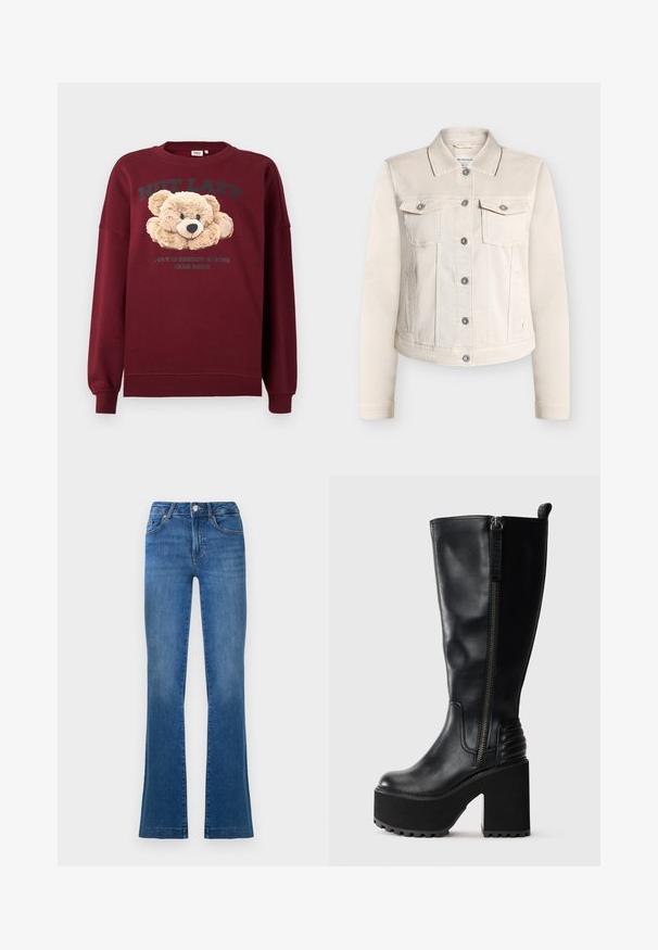 Beige denimjakke med klassisk krave, to brystlommer og sølvknapper. Har lange ærmer og et lige snit.; Mørkerød sweatshirt med teddy-bear grafisk motiv og teksten "IKKE DOVEN" og "UGENDE IMPLEMENTERET BÆR-MODE" på fronten, lange ærmer, ribbede manchetter.; Blå flagrende jeans lavet af denim, med et klassisk fem-lomme design, en frontknaplukning, og let falmede områder på lårene.; Sorte knæhøje støvler lavet af glat læder. Udstyret med lynlås i siden, chunky platform sål og ribbede detaljer på hælen.
