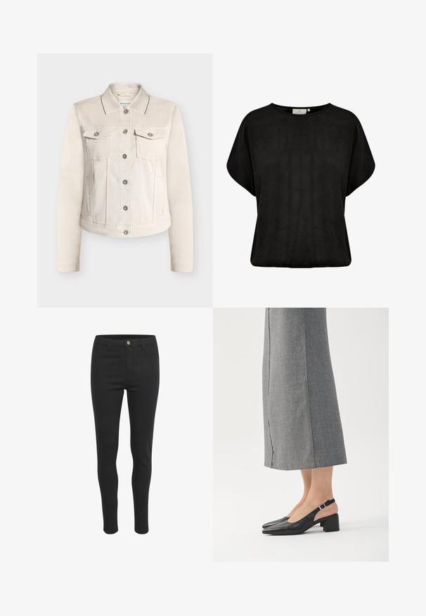 Beige Jeansjacke mit klassischem Kragen, zwei Brusttaschen und silbernen Knöpfen. Verfügt über lange Ärmel und ein gerades Schnittdesign.; Schwarzes kurzärmeliges Oberteil aus leichtem Stoff, mit lockerer Passform und rundem Halsausschnitt ohne sichtbare Beschläge oder Muster.; Schwarze Skinny-Jeans mit glattem Stoffgefühl, ausgestattet mit einem vorderen Knopfverschluss, fünf Taschen und einem eng anliegenden Schnitt.; Schwarze Slingback-Schuhe aus Leder mit spitzer Spitze, Blockabsatz und kontrastierendem rosa Absatzakzent. Glatte Textur mit minimalistischem Design.