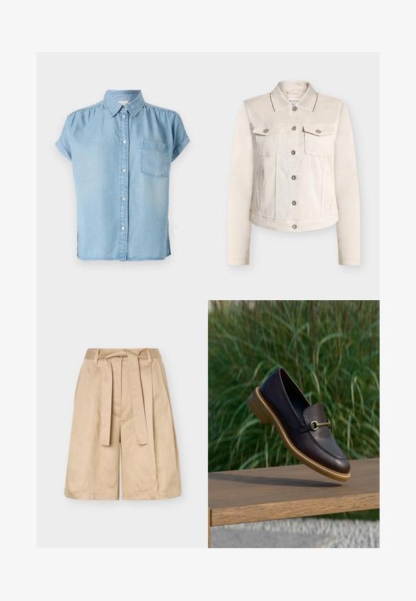 Chaqueta de mezclilla beige con cuello clásico, dos bolsillos en el pecho y botones plateados. Cuenta con mangas largas y un diseño de corte recto.; Camisa de mezclilla de manga corta en azul claro, con cierre de botones en la parte delantera, cuello y un bolsillo en el pecho izquierdo. Textura suave y ajuste ligeramente relajado.; Pantalones cortos de talle alto en color beige con trabillas para cinturón, cinturón de tela para atar y perneras anchas, mostrados sobre un fondo liso.; Mocasín de cuero marrón oscuro con suela de madera y detalle metálico dorado, suspendido sobre un banco de madera con fondo de césped verde.