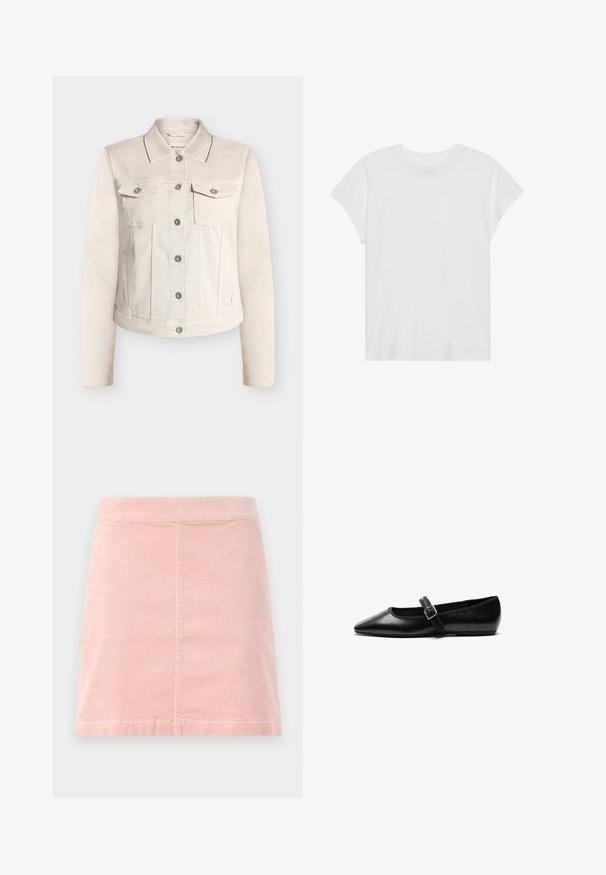 Beige denimjakke med klassisk krave, to brystlommer og sølvknapper. Har lange ærmer og et lige snit.; Hvid kortærmet t-shirt med rund hals, afslappet pasform, lavet af blødt bomuldsstof. Glat tekstur, ingen mønstre eller logoer.; Rosa corduroy mini nederdel med en tætsiddende talje og lodret ribbet tekstur. Den har en lige kant og har et simpelt design uden udsmykning.; Sorte flade sko lavet af læder med spidse tæer, justerbar rem med metalspænde, glat tekstur og minimalistisk design.