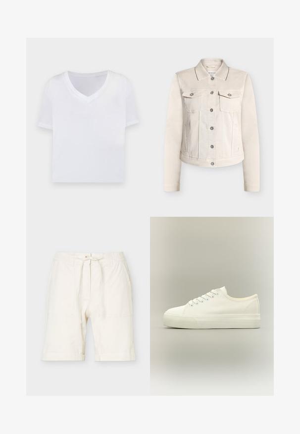 Beige denimjakke med klassisk krave, to brystlommer og sølvknapper. Har lange ærmer og et lige snit.; Hvid cropped t-shirt med v-hals, korte ærmer og et glat, let materiale. Ingen mønstre eller synlig hardware. Simpelt design.; Off-white knælange shorts med elastisk taljebånd, snørelukning, forlommer og løs pasform i letvægtsstof.; Hvid lavtop lærreds-sneaker med snørelukning foran og tyk, tekstureret gummisål på en neutral baggrund.