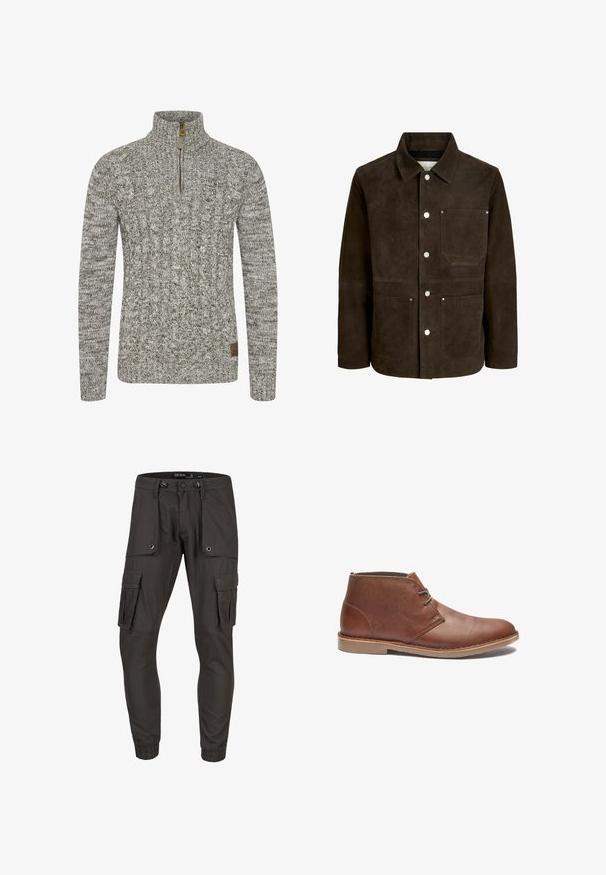 Chaqueta de ante marrón oscuro con cuello, cierre de botones y tres bolsillos delanteros de parche con remaches metálicos.; Sudadera de punto trenzado en un tono gris-verde apagado, con un cuello de medio cremallera y un patrón de tejido texturizado. Parche de logo marrón en el dobladillo.; Pantalones cargo en tejido gris oscuro, con múltiples bolsillos laterales, cinturilla con cordón y puños elásticos. Superficie texturada y diseño práctico.; Botas de cuero marrón hasta el tobillo con un diseño elegante, que cuentan con un lace sencillo, punta redondeada y suela de goma. Textura suave con acentos cosidos.