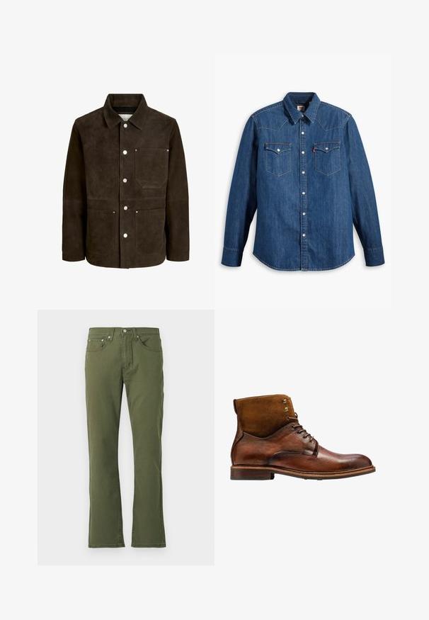 Donkerbruine suède jas met kraag, knoopsluiting en drie voorzakken met metalen klinknagels.; Denim overhemd in donkerblauw met lange mouwen, puntige kraag en drukknoopsluiting. Bevat twee borstzakken met kleppen en contrasterende stiksels.; Olijfgroene flared jeans van katoen met een soepele textuur; voorzien van vijf zakken, een knoopsluiting en subtiele stikdetails.; Kazar ALID - Veterboots - brown