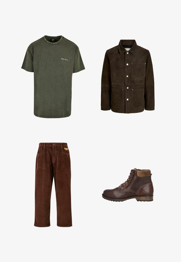 Chaqueta de ante marrón oscuro con cuello, cierre de botones y tres bolsillos delanteros de parche con remaches metálicos.; Camiseta de algodón verde oliva con mangas cortas, cuello redondo y una sutil textura desgastada. Presenta un bordado blanco de "Urban Classics" en el pecho.; Pantalones de pana marrones con textura acanalada, piernas rectas, bolsillos frontales y un logo amarillo bordado cerca de la cinturilla.; Botín marrón de cuero con cordones delanteros, cremallera lateral, cuello acolchado y tacón bajo apilado sobre fondo blanco.