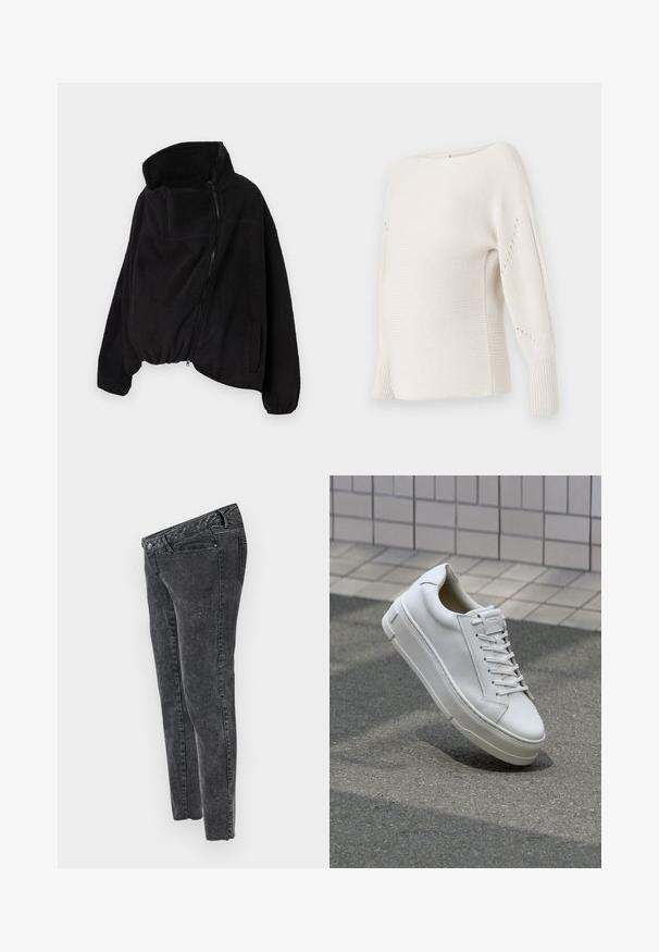 Zwarte fleecejas met een hoge kraag, ritssluiting aan de voorkant en elastische zoom. Beschikt over een borstzak en zijzakken. Zacht, gestructureerd materiaal.; ONLY MATERNITY OLMNICOYA BOAT NECK - Trui - pumice stone; MAMALICIOUS Slim fit Mid waist Raw hems - Slim fit jeans - grey denim; Witte leren sneaker met een low-top ontwerp, platte veters, ronde neus en textuur zijden. Dikke rubberen zool met subtiele accenten.