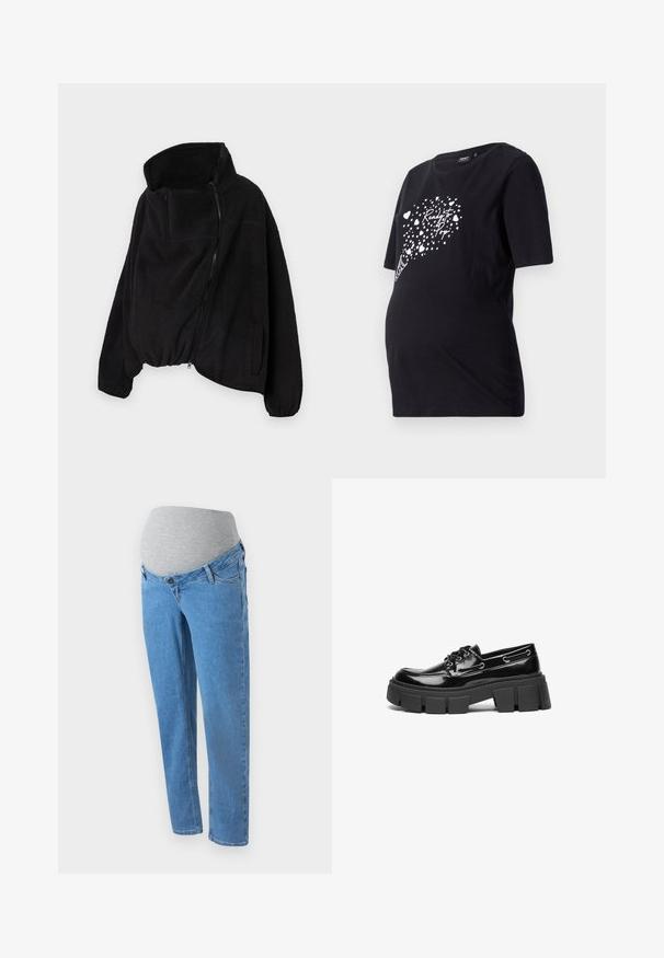 Schwarze Fleecejacke mit hohem Kragen, Reißverschluss vorne und elastischem Saum. Verfügt über eine Brusttasche und Seitentaschen. Weicher, strukturierter Stoff.; Schwarzes Schwangerschafts-T-Shirt mit kurzen Ärmeln, das eine weiße Grafik von Herzen und den Text "Bereit zum Platzen" zeigt. Hergestellt aus weichem Baumwollmaterial.; Helle blauen Umstandsjeans mit einem dehnbaren grauen Bauchband, ausgestattet mit Fronttaschen und einem lässigen Schnitt. Nahaufnahme der Denim-Struktur.; Schwarze Lacklederloafer mit einer robusten schwarzen Plattformsohle und dekorativen Ösen. Glatte Textur mit runder Zehenpartie und Schnürdetail.