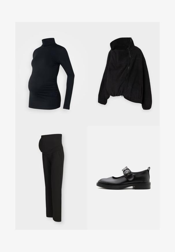 Zwarte fleecejas met een hoge kraag, ritssluiting aan de voorkant en elastische zoom. Beschikt over een borstzak en zijzakken. Zacht, gestructureerd materiaal.; Zwarte lange mouwen turtleneck top van rekbaar materiaal, ontworpen om een zwangere buik te accommoderen, met ruching details aan de zijkanten.; Zwarte zwangerschapsbroek met een hoge elastische tailleband, ontworpen om comfortabel over een zwangere buik te passen, weergegeven op een lichte achtergrond.; Zwarte leren Mary Jane-schoen met dikke zool, afgeronde neus, zilveren gespsluiting en een treklus aan de achterkant.