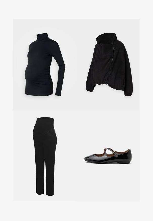 Veste en polaire noire avec col montant, fermeture éclair sur le devant et ourlet élastique. Présente une poche sur la poitrine et des poches latérales. Tissu doux et texturé.; Haut à manches longues noir à col roulé en tissu extensible, conçu pour accueillir un ventre de femme enceinte, avec des détails de fronces sur les côtés.; Pantalons de maternité noirs avec une taille haute extensible conçue pour soutenir un ventre de femme enceinte, coupe droite et poches avant.; Chaussure plate Mary Jane en cuir verni noir avec deux découpes et une bride à boucle dorée sur fond blanc.