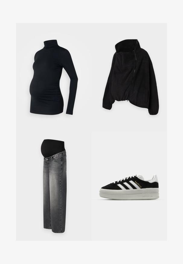 Chaqueta de forro polar negra con un alto cuello, cierre frontal con cremallera y dobladillo elástico. Cuenta con un bolsillo en el pecho y bolsillos laterales. Tejido suave y texturizado.; Top negro de manga larga con cuello de tortuga, fabricado con un material elástico, diseñado para adaptarse a una barriga de embarazada, con detalle de fruncido lateral.; Jeans de maternidad en denim negro desgastado, con una cinturilla negra elástica para mayor soporte. Diseño de pierna ancha con bolsillos frontales estándar.; Zapatillas negras de ante con detalles en cuero blanco, tres rayas blancas, cordones planos y una gruesa suela de plataforma gris. Marca "Gazelle" en dorado.