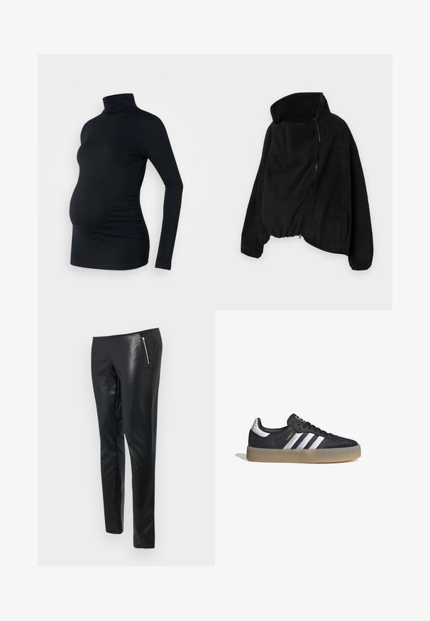 Chaqueta de forro polar negra con un alto cuello, cierre frontal con cremallera y dobladillo elástico. Cuenta con un bolsillo en el pecho y bolsillos laterales. Tejido suave y texturizado.; Top negro de manga larga con cuello de tortuga, fabricado con un material elástico, diseñado para adaptarse a una barriga de embarazada, con detalle de fruncido lateral.; Pantalones de cuero sintético negro con un corte ajustado, que cuentan con un bolsillo delantero con cremallera y una textura suave y brillante.; Zapatilla deportiva de cuero negro con tres rayas plateadas, punta texturizada y suela de goma. Cuenta con un collar acolchado y un diseño con cordones.