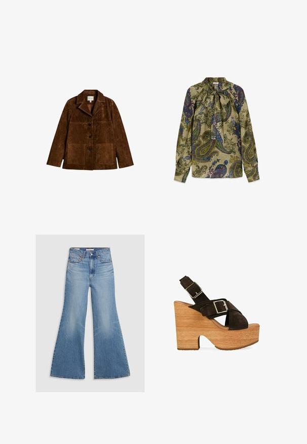 Chaqueta de ante marrón con tres botones negros, cuello ancho y dos bolsillos delanteros cosidos, colocada plana sobre fondo blanco.; Blusa de manga larga con base verde y estampado paisley multicolor, con cuello alto atado con un lazo en la parte delantera.; Los pantalones vaqueros acampanados de lavado claro presentan una cintura alta, bolsillos frontales y herrajes en bronce. La tela tiene una textura desvanecida con un acabado suave.; Sandalia de plataforma de ante marrón oscuro con tacón alto grueso de madera y dos correas ajustables con hebilla cruzando el pie y el tobillo.