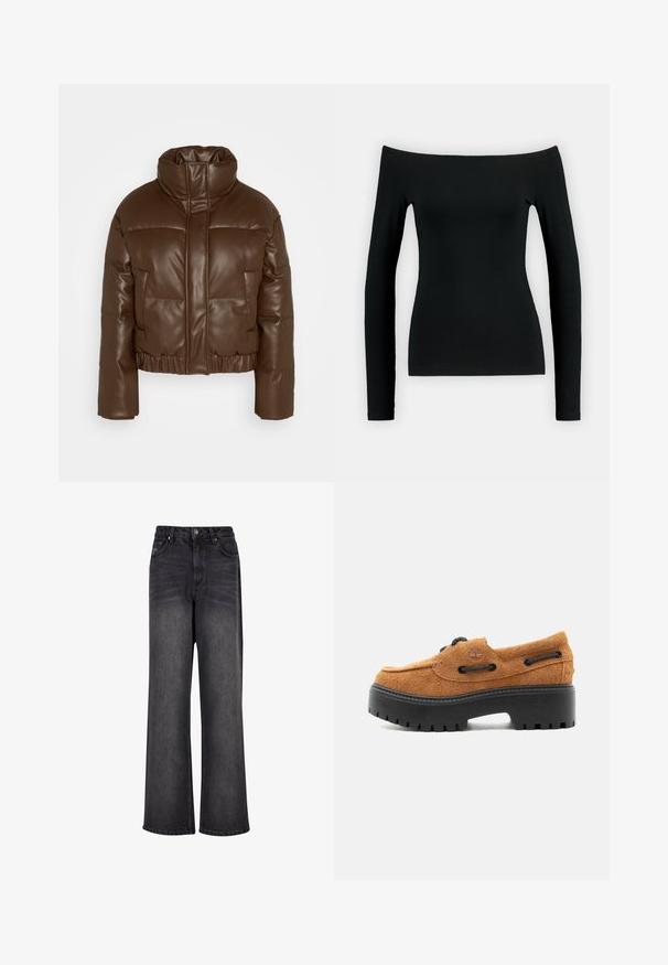 Abercrombie & Fitch ULTRA MINI PUFFER - Chaqueta de invierno - brown; Top negro de manga larga con diseño off-the-shoulder. Hecho de una tela suave, presenta una forma ajustada y una construcción sin costuras.; Pantalones vaqueros negros de pierna ancha con una textura suave, que cuentan con una cintura alta, bolsillos frontales y un cierre de botón.; Mocasín de ante marrón con suela negra gruesa de tracción, detalles de cordones y logo en relieve en el lateral, mostrado desde la vista lateral exterior.