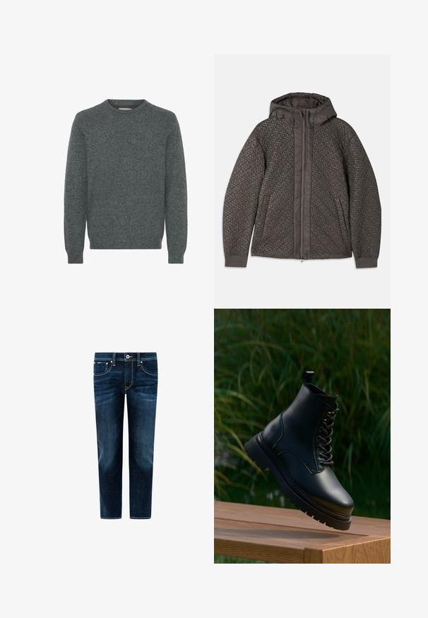 Prešívaná tmavosivá bunda s kapucňou, ktorá má geometrický vzor, plný zips a elastické manžety. Mäkká textúrovaná tkanina.; Sivý sveter s crew-neck výstrihom vyrobený z textúrovanej pleteniny. Má dlhé rukávy a rebrované manžety a lem. Bez vzorov alebo výrazných akcentov.; Tmavomodré denimové džínsy s klasickým dizajnom piatich vreciek, kontrastným prešívaním a rovnými nohavicami. Bez viditeľného opotrebovania.; Čierna kožená členková čižma s okrúhlou špičkou, šnurovaním vpredu a hrubou zúbkovanou podrážkou. Obsahuje pútko na golieri pre jednoduchšie obúvanie.