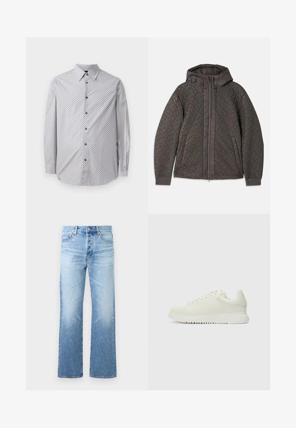 Gequiltete dunkelgraue Jacke mit Kapuze, die ein geometrisches Muster aufweist, einen vollständigen Reißverschluss und elastische Bündchen hat. Weicher, strukturierter Stoff.; Langärmeliges Hemd zum Knöpfen in Hellgrau mit kleinem schwarzem geometrischem Muster, Standardkragen und schwarzen Knöpfen vorne.; Hellblaue Jeans aus Denim mit geradem Bein, Fünf-Taschen-Design, Knopfverschluss und dezenten Verwaschungen an Oberschenkeln und Knien.; Weiße Leder-Sneaker mit texturiertem Obermaterial, runder Zehenpartie, flacher weißer Sohle und tonalen Schnürsenkeln. Dezentes Branding auf der Zunge.