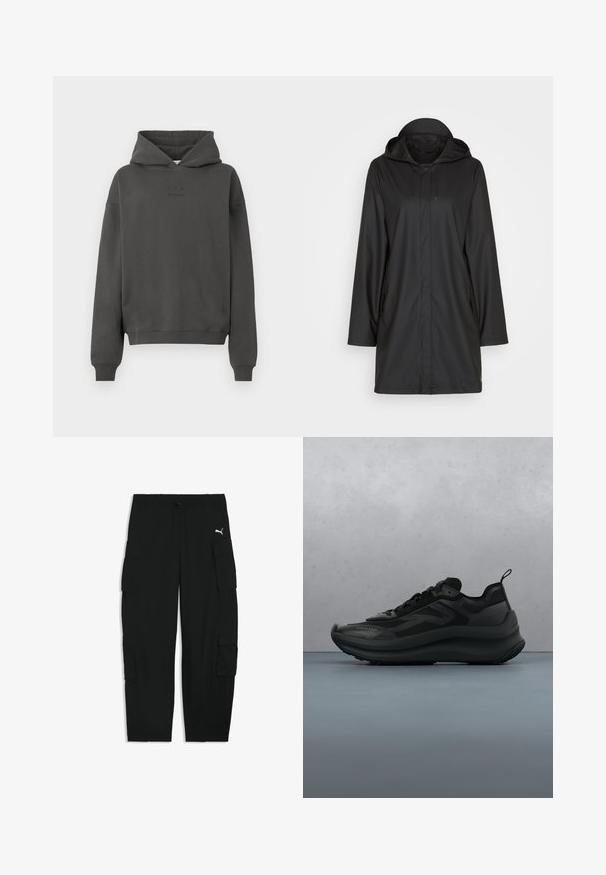 Zwarte regenjas met capuchon, met een elegant ontwerp, gladde textuur, sluiting met drukknopen aan de voorkant en zijzakken met elastische trekkoorden.; Donkergrijze hoodie van zacht materiaal, met een trekkoord in de capuchon, geribde mouwen en een discreet logo op de voorkant gedrukt.; Zwarte cargobroek met elastische tailleband, trekkoord, zijflapzakken en een klein wit Puma-logo op de rechterdij.; Zwarte Calvin Klein sneaker met dikke zool die zweeft boven houten tegels buiten, met groen gebladerte en een grijze muur op de achtergrond.