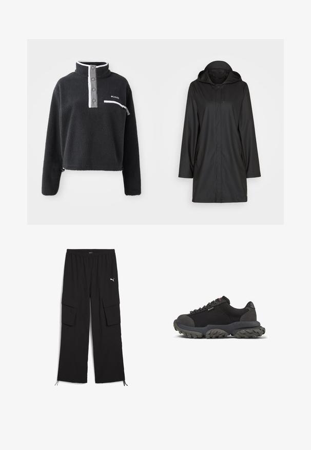 Sort regnfrakke med hætte, der har et elegant design, glat tekstur, frontknaplukning og sidelommer med elastiske snore.; Sort fleece pullover med halv lynlås krave, der har en brystlomme og kontrasterende hvide og grå detaljer. Blød tekstur, cropped design.; Svarte cargo-bukser med bred ben-design, elastisk talje, to sidelommer og snoretræk ved kanten. Har et lille hvidt logo.; Sorte vandresko med en robust, struktureret sål, mesh-overdel og røde detaljer, designet til holdbarhed og udendørsaktiviteter.