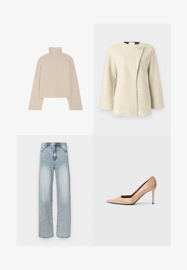 Veste en polaire texturée de couleur crème, manches longues, col rond, et devant asymétrique fixé par un bouton métallique unique près du col.; Pull col roulé beige à côtes, avec des manches longues et une coupe ajustée, présentant un col haut et un motif de tricot texturé.; Jean large couleur bleu clair en denim, doté d'une taille haute, d'un design à cinq poches, d'une texture délavée et de détails de coutures visibles.; Escarpin nude en cuir verni avec bout pointu, détail découpé ouvert et talon stiletto fin pour une hauteur supplémentaire.