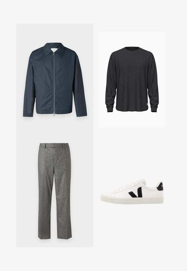 Mørk marineblå letvægtsjakke med lange ærmer, fuld lynlås fortil og klassisk krave, vist på en hvid baggrund.; Sort langærmet sweatshirt lavet af blødt stof med rund halsudskæring, afslappet pasform og ribbede ærmer. Har et diskret sidemærke.; Grå skræddersyede bukser i et tekstureret stof, lige ben design, med forlommer og en flad talje. Ingen synlige lukninger.; Hvide lædersneakers med sorte ruskindsdetaljer; har en gummisål, rund tå og klassisk snørebåndsdesign. Side logo i sort.