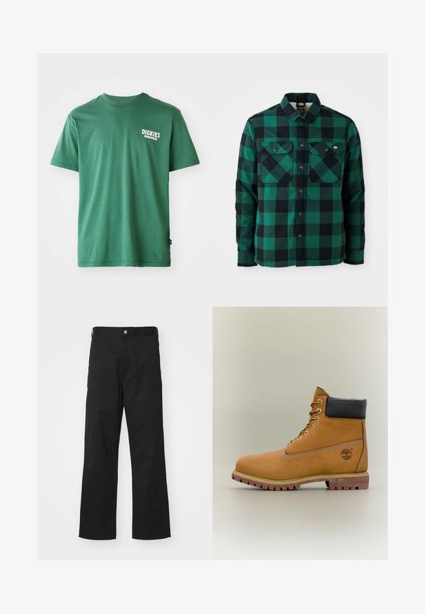 Grün-schwarz kariertes Flanellhemd mit Button-Down-Kragen, zwei Brusttaschen und schwarzen Metalldruckknöpfen. Weicher Stoff.; Grünes Baumwoll-T-Shirt mit rundem Halsausschnitt, kurzen Ärmeln und einem weißen Logo auf der linken Brust. Glatte Textur und entspannte Passform.; Schwarze Hose aus strapazierfähigem Material mit geradem Schnitt, ausgestattet mit einem vorderen Knopfverschluss, Gürtelschlaufen und ohne sichtbare Muster oder Akzente.; Brauner Leder-Stiefelette mit schwarzem Kragen, gelben Schnürsenkeln und hellbrauner Sohle. Verfügt über ein Logo und weiße Ziernähe. Robuste Profilsohle.