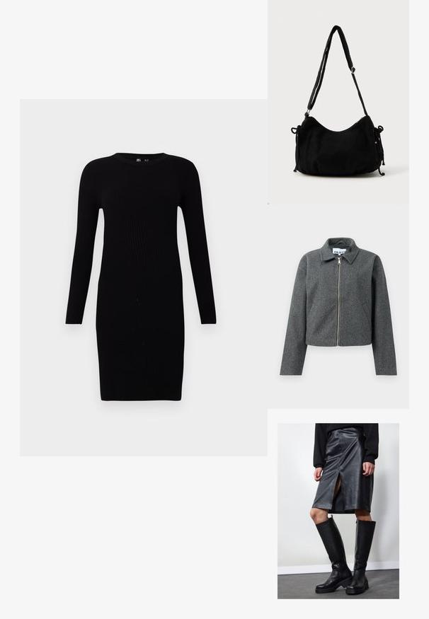 Graue, taillierte Jacke aus strukturiertem Material. Verfügt über einen Reißverschluss vorne, einen spitzen Kragen und seitliche Taschen. Schlichtes Design, ohne Muster.; Schwarzes geripptes Strickkleid mit langen Ärmeln, rundem Ausschnitt, figurbetontem Schnitt und mittellanger Länge. Glatte Textur, minimalistisches Design.; Schwarzer Leder-Bleistiftrock mit Frontschlitz, kombiniert mit kniehohen schwarzen Stiefeln mit Reißverschlüssen und einer derben Sohle für zusätzlichen Halt.; Schwarze Cordtasche mit geschwungener Form, verstellbarem Schultergurt und Kordelzugverschlüssen an beiden Seiten zur Größenanpassung.