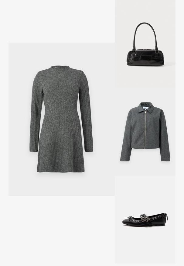 Chaqueta gris corta de material texturizado. Presenta un cierre frontal con cremallera, cuello puntiagudo y bolsillos laterales. Diseño simple, sin estampados.; Vestido de canalé hasta la rodilla en gris oscuro, con mangas largas y escote alto, fabricado en un suave tejido texturizado.; Zapato de ballet plano negro con correas de doble hebilla, ojales plateados y un pequeño lazo cerca de la puntera redondeada sobre un fondo blanco.; Bolso de mano de cuero negro con forma rectangular, equipado con un asa estructurada, herrajes en plata y cierre de cremallera. Textura suave.
